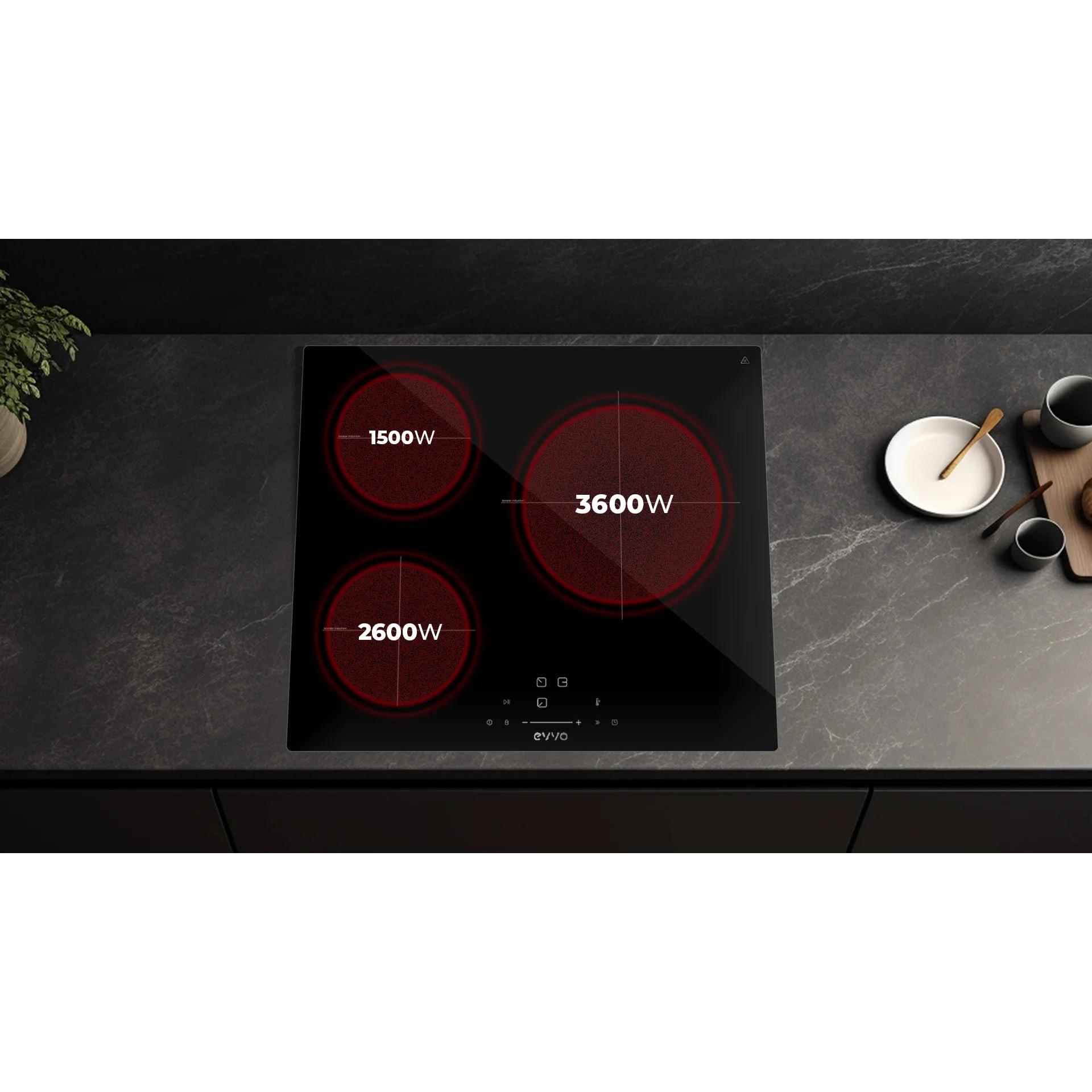 EVVO Placa Inducción 3 zonas de cocinado V61, Potencia máxima 7.200W, 9 niveles, máx diámetro 30 cm, booster, control táctil, indicador de calor