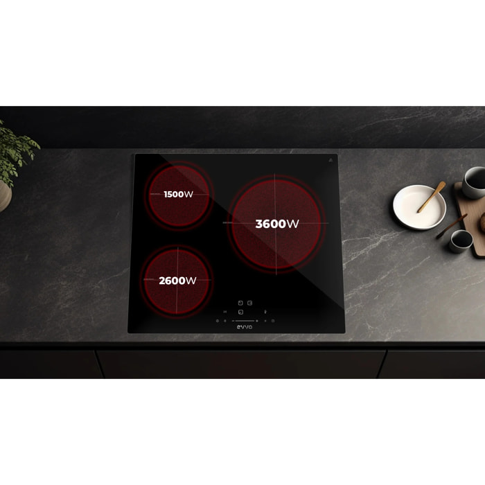 EVVO Placa Inducción 3 zonas de cocinado V61, Potencia máxima 7.200W, 9 niveles, máx diámetro 30 cm, booster, control táctil, indicador de calor