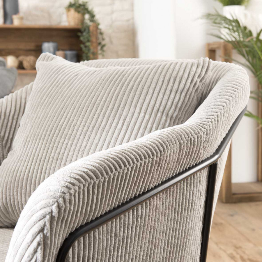 ALBANE - Fauteuil tissu velours cotelé gris perle pieds évasés métal