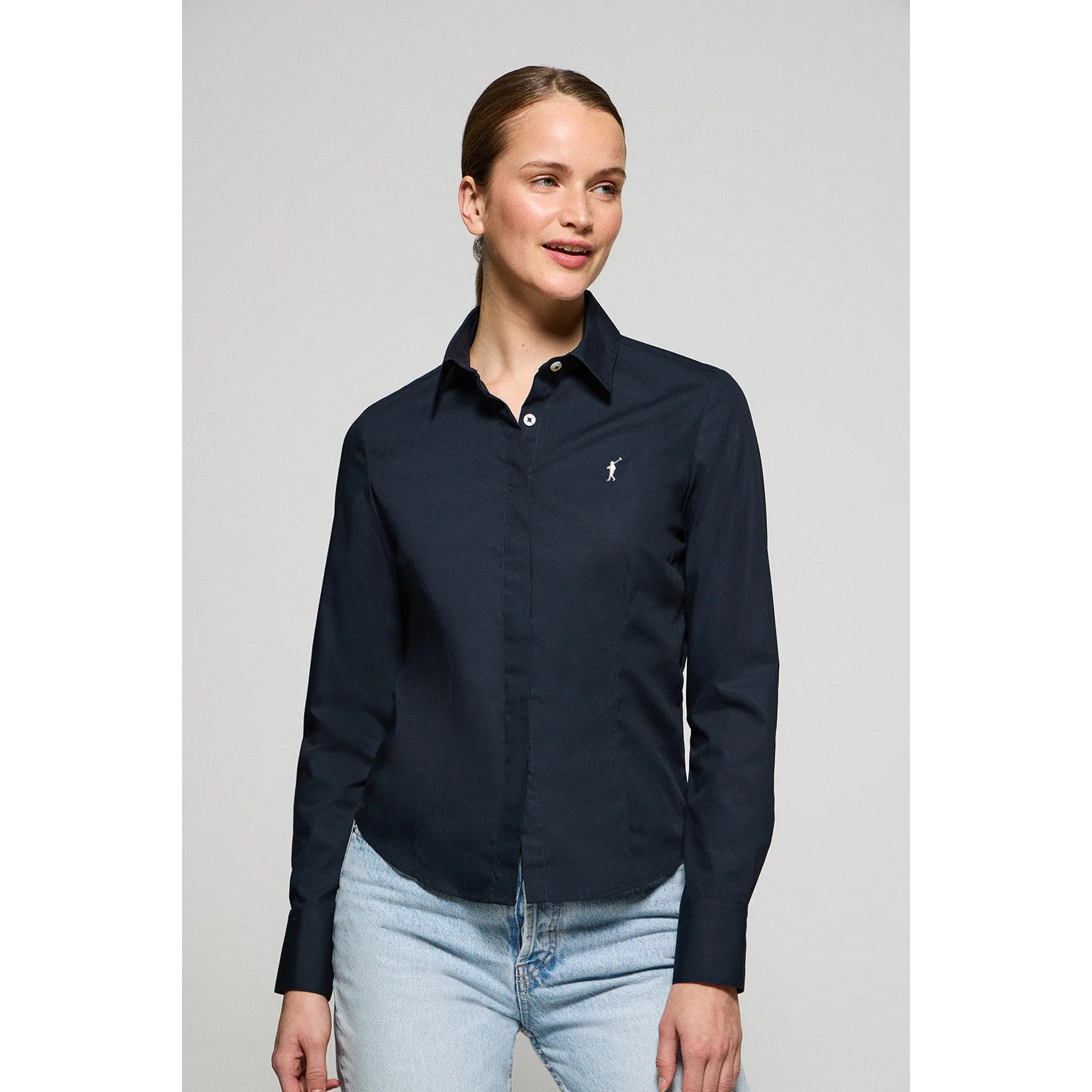 Camicia slim in popeline blu marino con logo Rigby Go ricamato