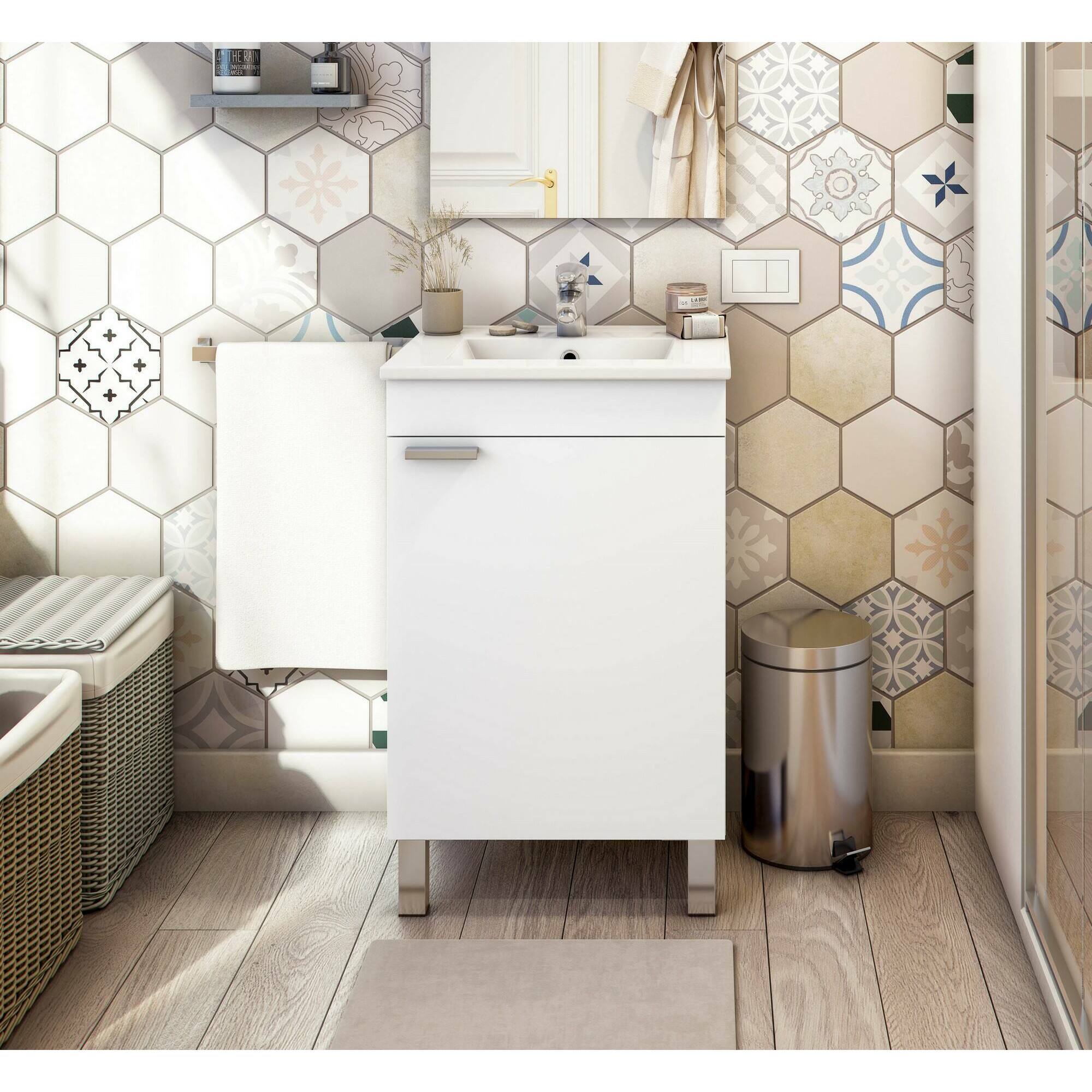 Mobile sottolavabo Iselle, Mobiletto da bagno, Contenitore porta lavabo, Armadio per lavandino, 50x39 h80 cm, Bianco lucido