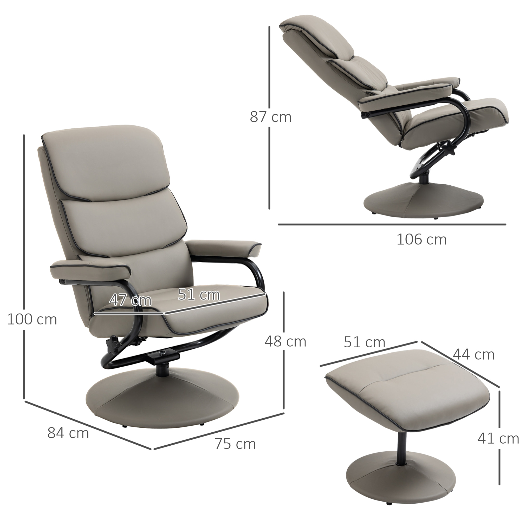 Fauteuil relax inclinable pivotant avec repose-pieds liserets noir synthétique gris