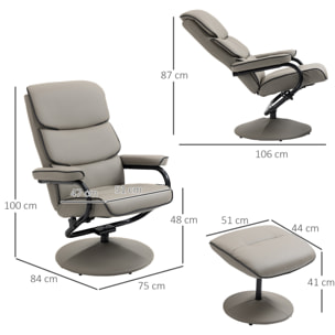 Fauteuil relax inclinable pivotant avec repose-pieds liserets noir synthétique gris