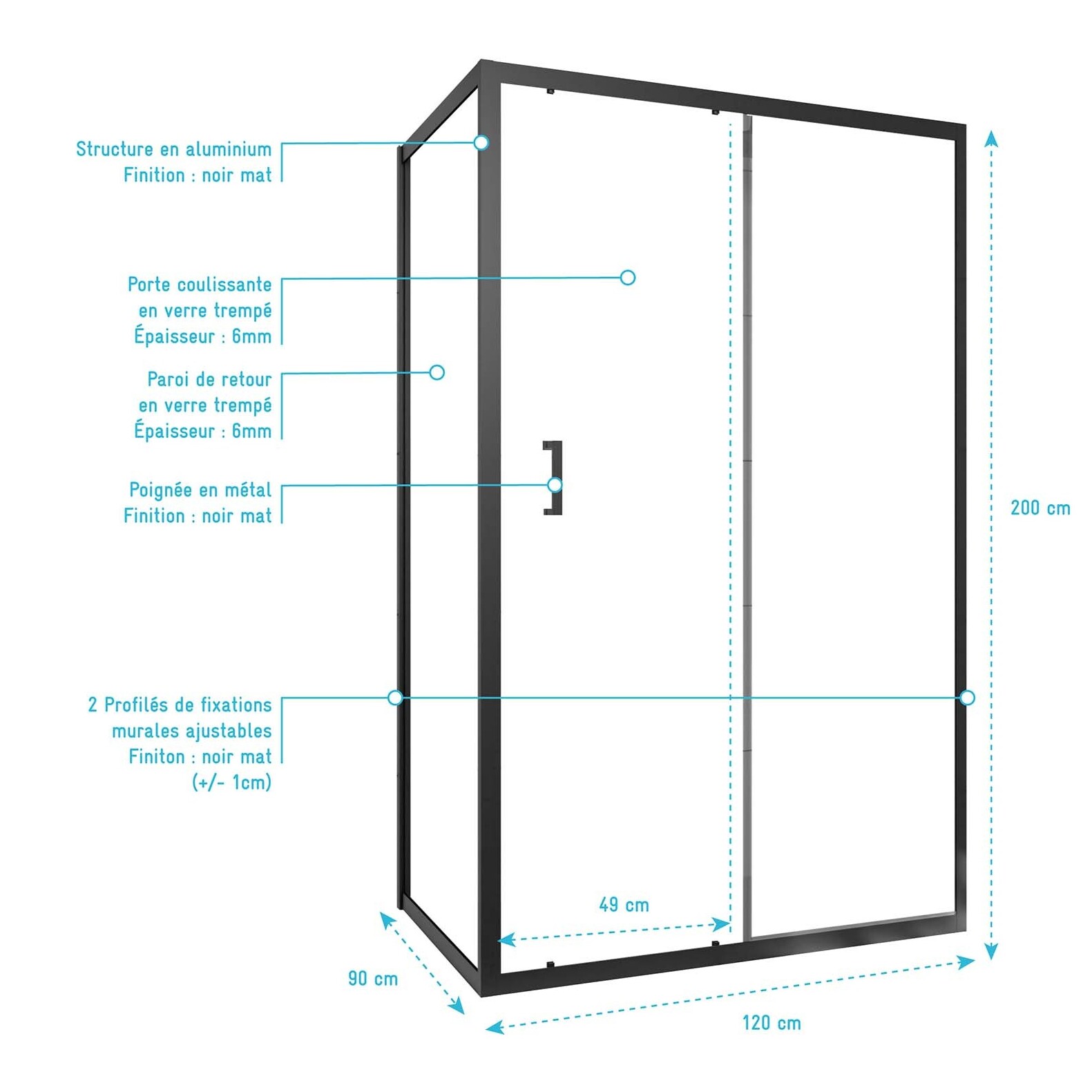 Porte de douche + Retour 120x90x200 cm - Verre 6 mm - Profilé Noir - CRUSH