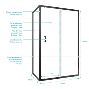 Porte de douche + Retour 120x90x200 cm - Verre 6 mm - Profilé Noir - CRUSH