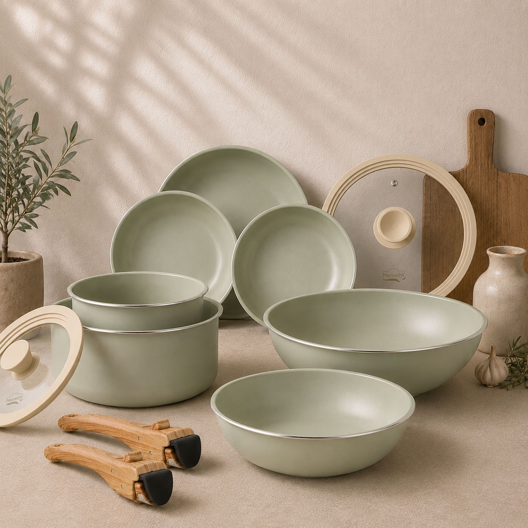 Batterie de cuisine 11 pièce amovible en aluminium celadon - tous feux CELADON