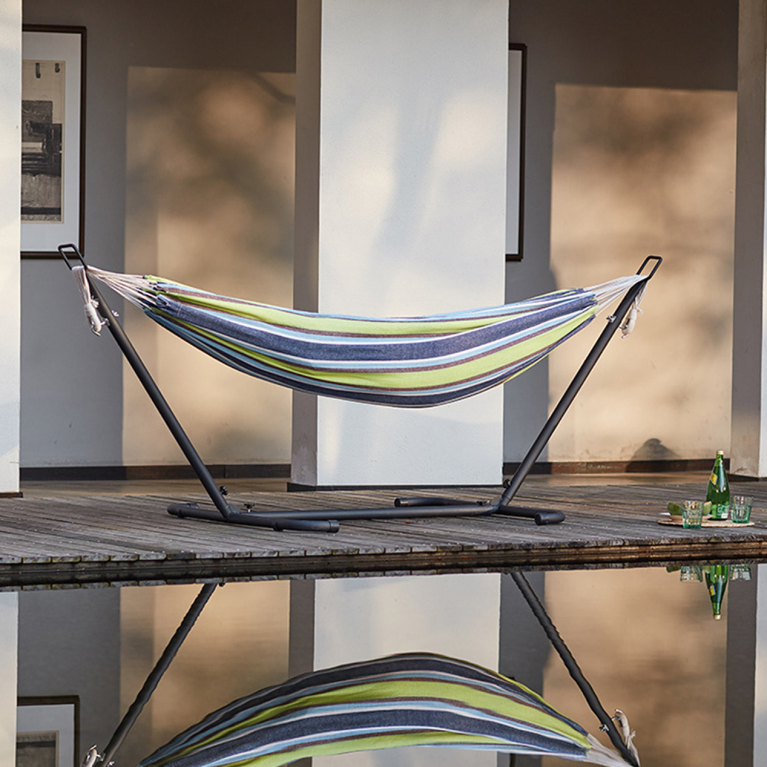 Hamac sur pied 2,6 m avec toile en polyester bleu et vert SAGUEDO