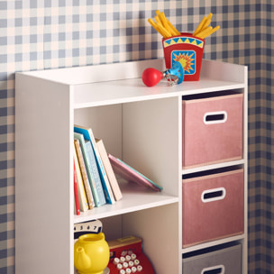 Meuble de rangement pour enfant avec 7 compartiments et 2 paniers roses et 2 paniers gris en velours