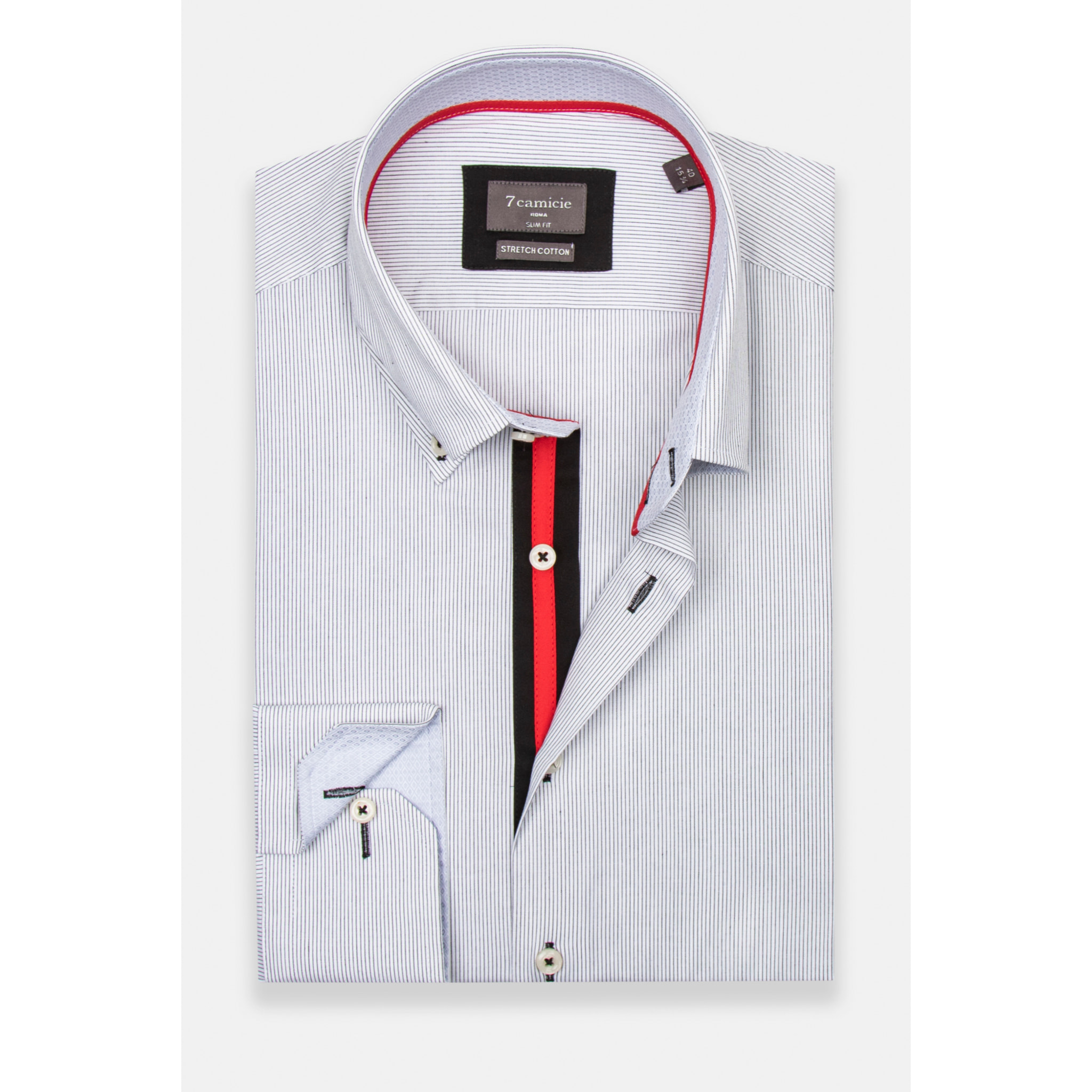 Camicia Uomo 2 Bottoni Button Down Slim Popeline Stretch Riga Media Bianco/Nero