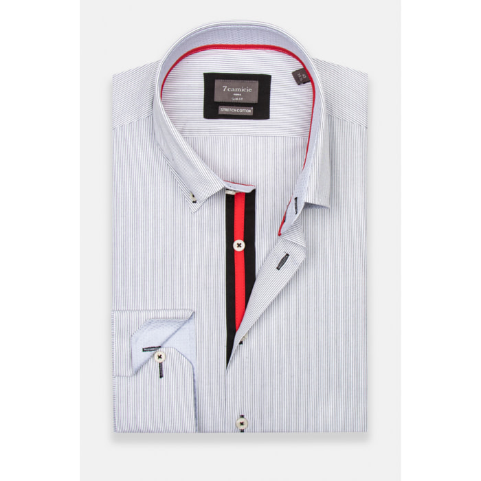 Camicia Uomo 2 Bottoni Button Down Slim Popeline Stretch Riga Media Bianco/Nero