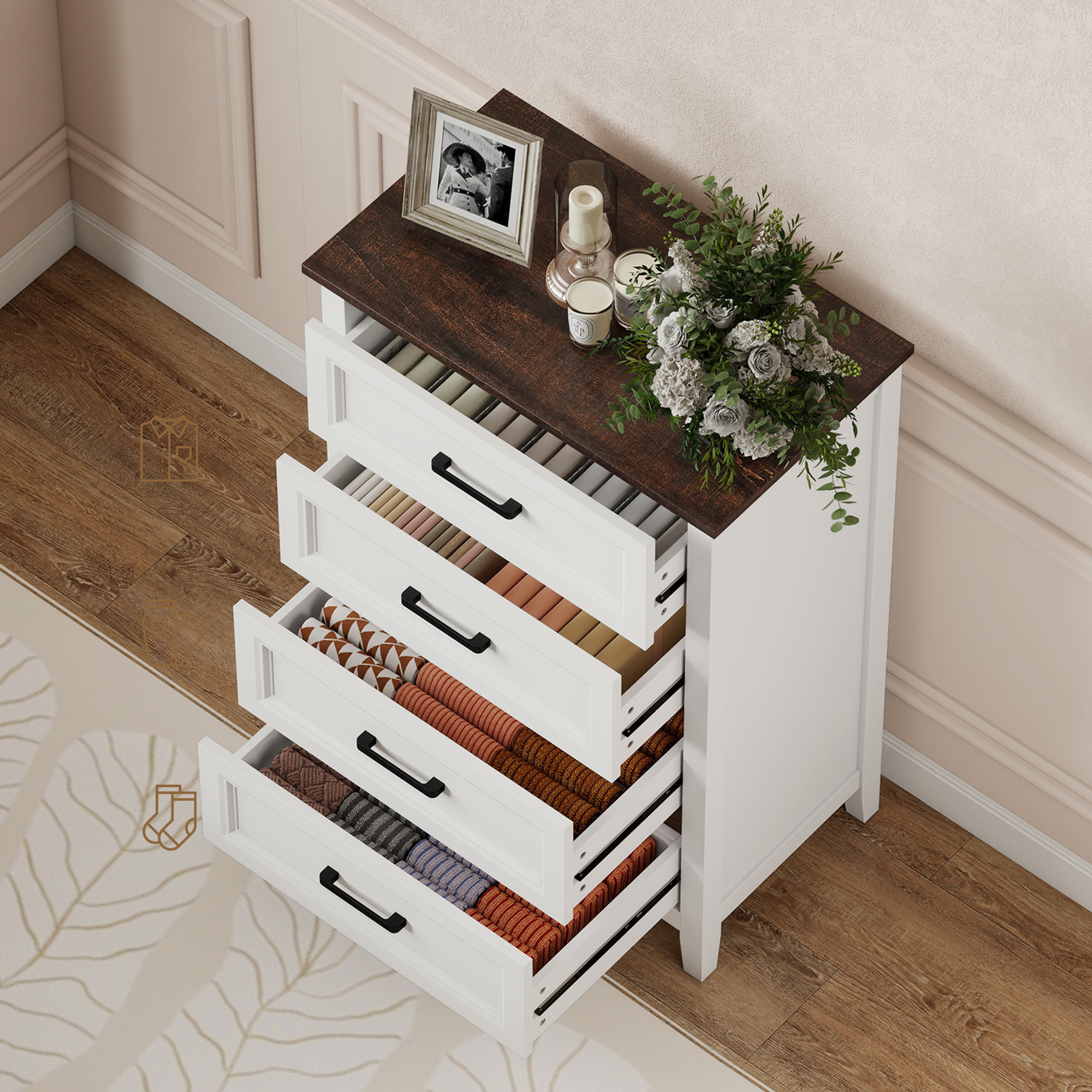 Cómoda 4 Cajones, Cómoda Dormitorio Estrecho y Alto con Encimera Efecto Madera, Cajonera para Espacios Pequeños, Salón, Oficina, 60x35x87 cm, Blanco