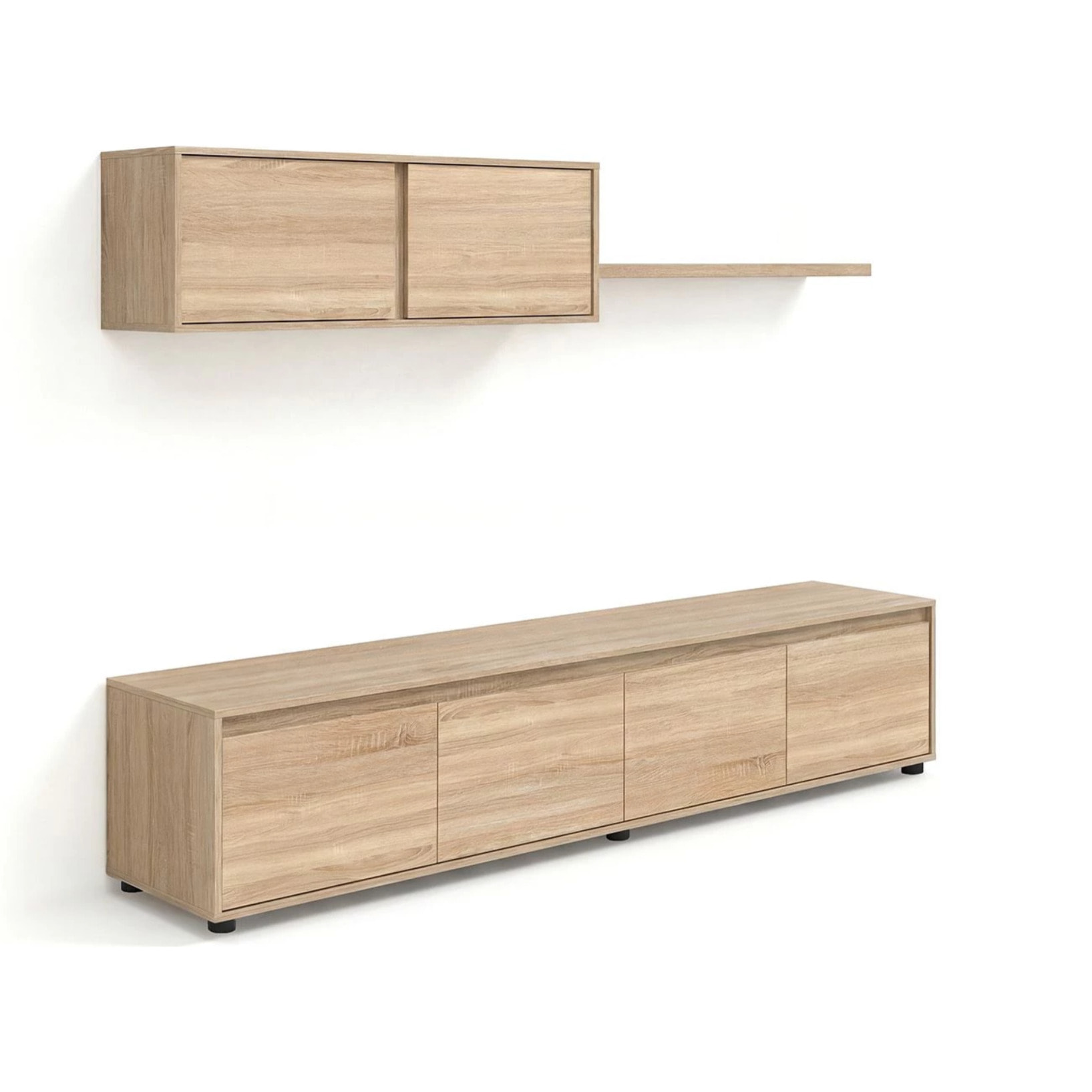 Salón con mueble de TV y estantería en roble canadian 200 cm Arlet Roble Canadian