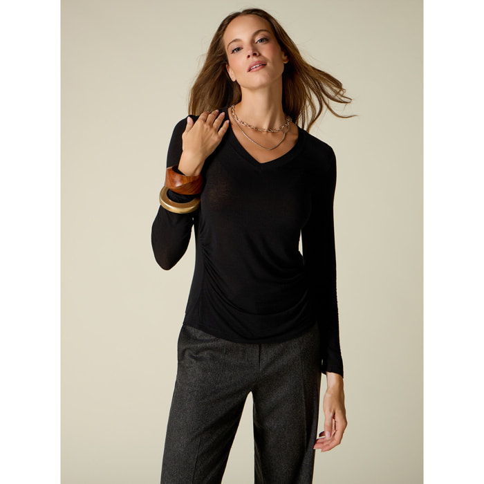 Oltre - T-shirt scollo a V misto cashmere - Nero