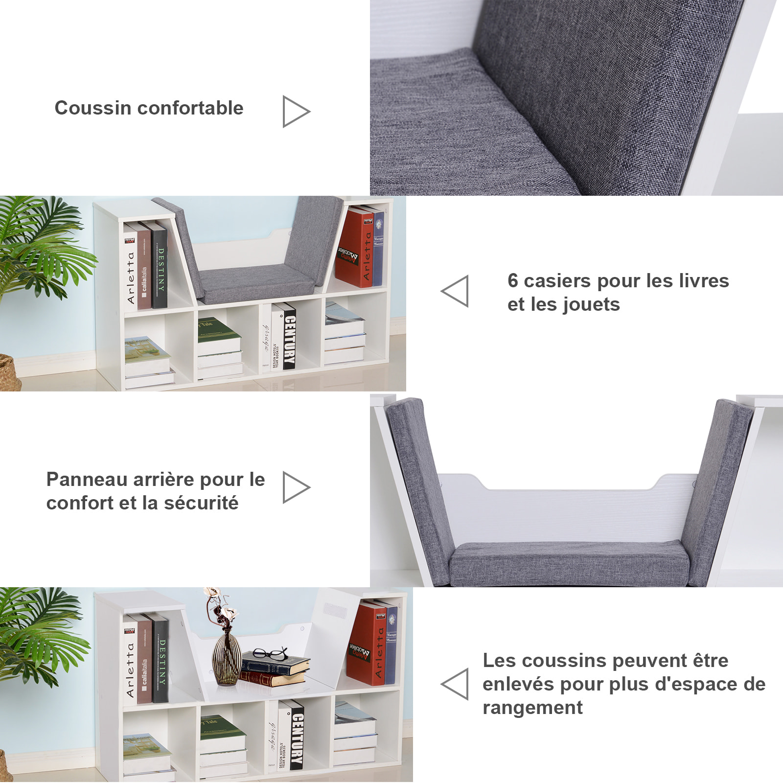 Bibliothèque banc 2 en 1 design contemporain 6 casiers 3 coussins fournis 102L x 30l x 61H cm blanc gris chiné