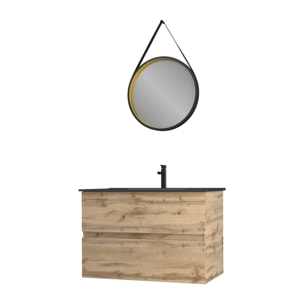 Pack Meuble SDB 80cm suspendu 2 tiroirs Chene_Vasque noire + Miroir Barber - TIMBER 80_Pack34