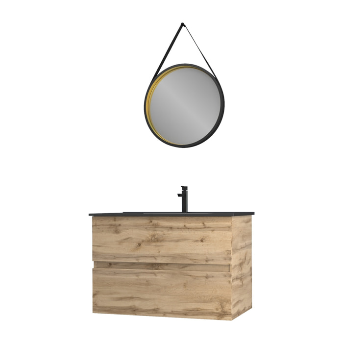 Pack Meuble SDB 80cm suspendu 2 tiroirs Chene_Vasque noire + Miroir Barber - TIMBER 80_Pack34