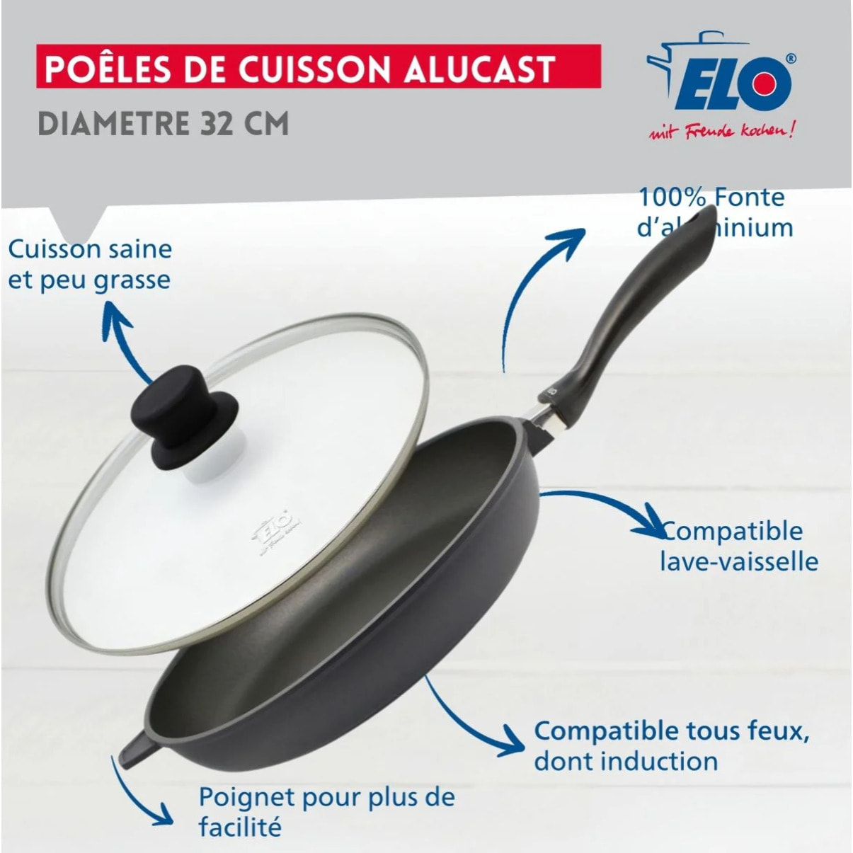 Poêle à frire 32 cm avec couvercle en verre sans PFAS Elo Alucast