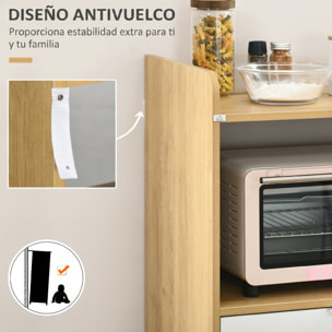 Mueble Microondas, Mueble Auxiliar de Cocina, Estilo Escandinavo con Armario, Cajón y Estante Ajustable, 58x40x118 cm, Natural y Blanco