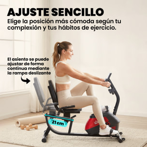 Bicicleta Estática con Respaldo, 8 Niveles Resistencia Magnética, Bicicleta Estática para Casa, con Volante, Asiento Ajustable, Monitor LCD, Pulsómetro, Soporte de Teléfono y Ruedas, Rojo