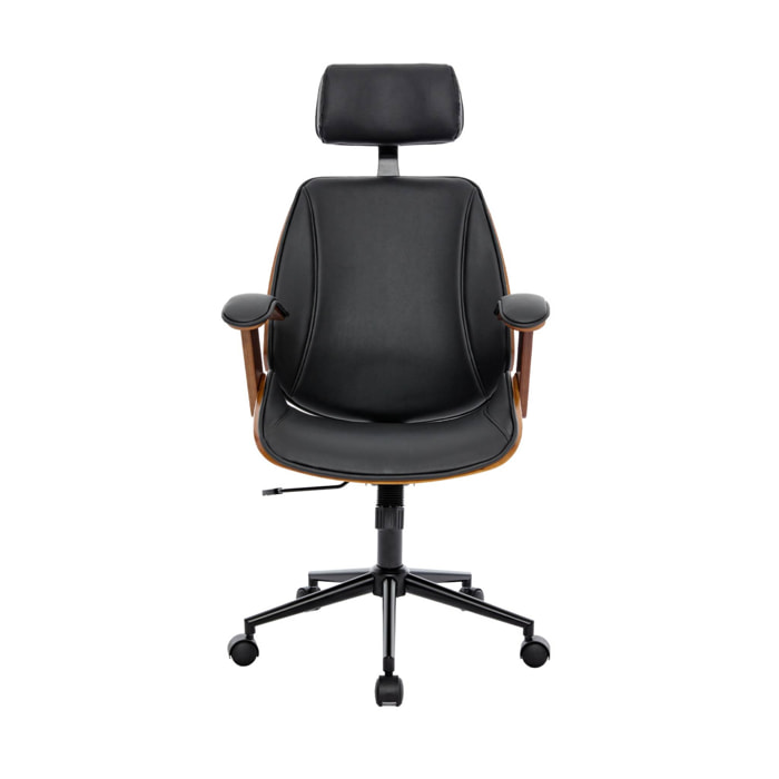 Chaise de bureau à roulettes décor bois courbé placage effet noyer et simili cuir noir