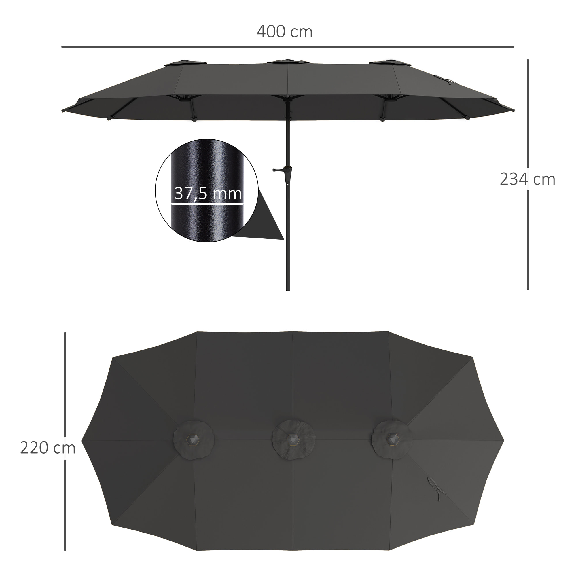 Sombrilla Doble 4x2,2 m Sombrilla Terraza Exterior con Manivela Manual Impermeable y Protección UV30+ Parasol Grande para Terraza Playa Piscina Gris Oscuro
