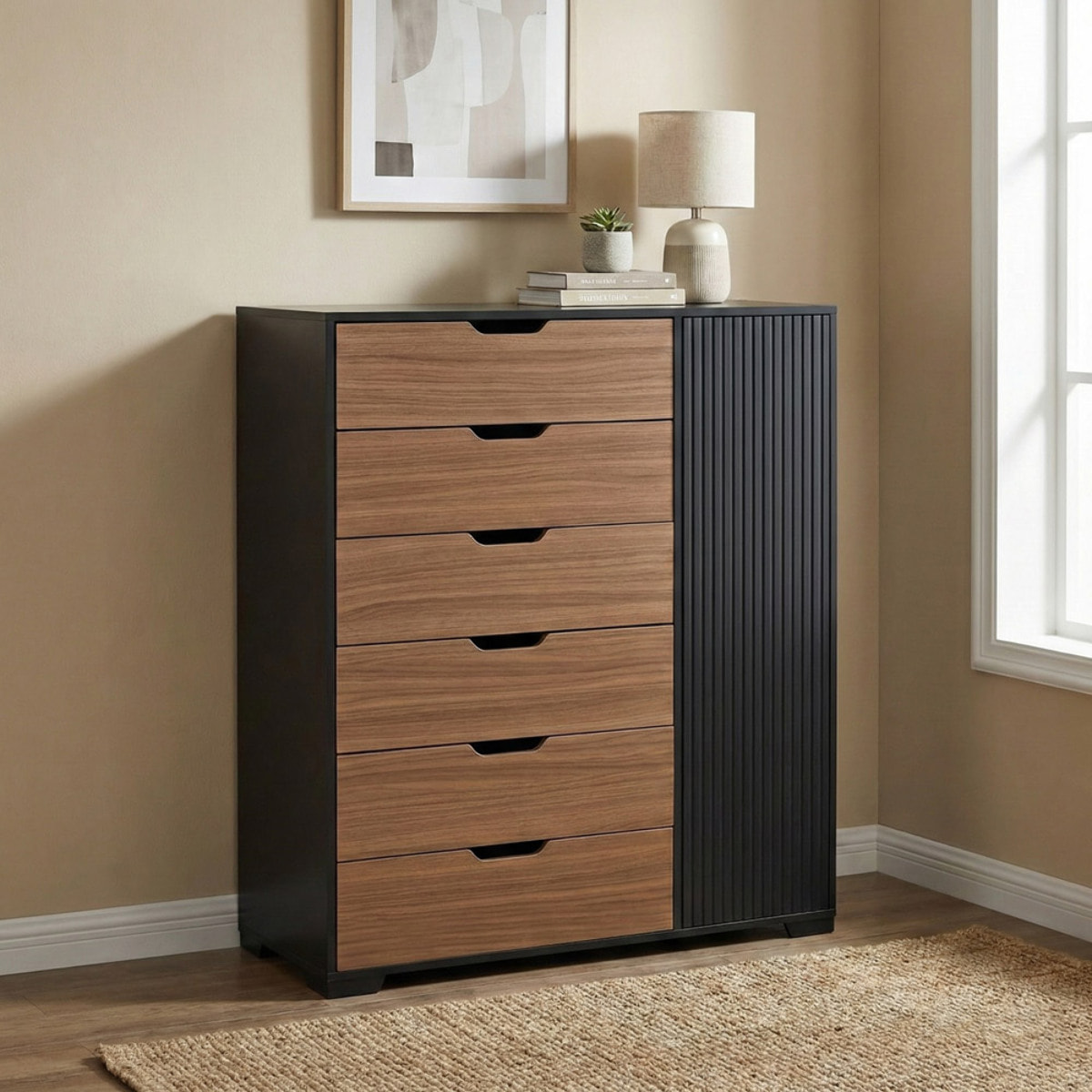 Cassettiera moderna in legno noce e nero 6 cassetti e anta 100x40x117 cm – Toledo