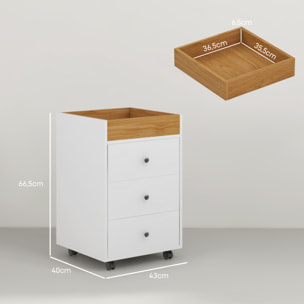 Cajonera de Oficina Mueble Archivador con 4 Ruedas 3 Cajones y 1 Bandeja Extraíble Carga 30 kg para Estudio Salón 43x40x66,5 cm Blanco y Natural