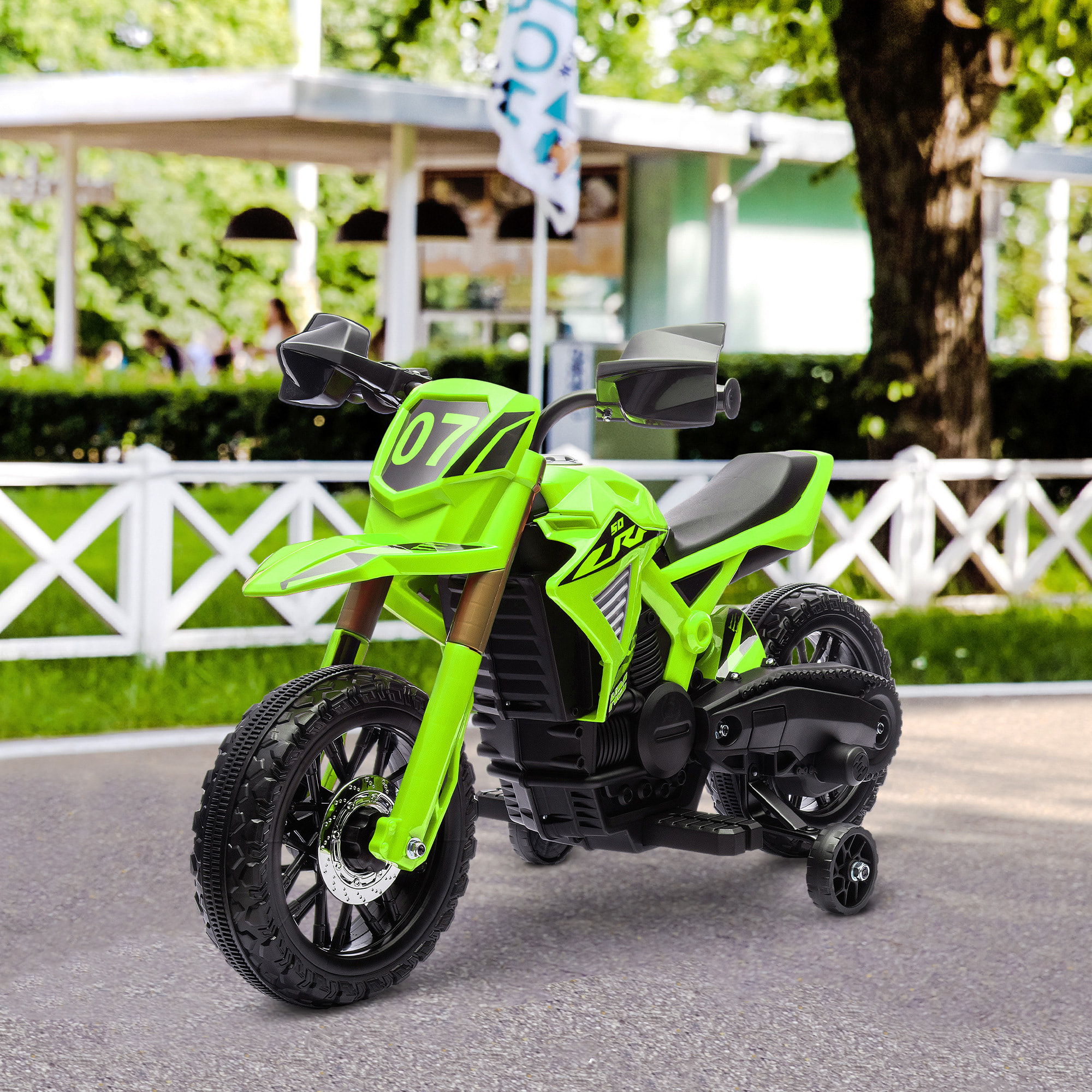 Moto Cross électrique enfant 6 V 2 moteurs effets sonores max. 3 Km/h 30 Kg avec stabilisateurs vert