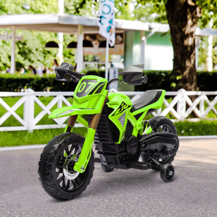 Moto Cross électrique enfant 6 V 2 moteurs effets sonores max. 3 Km/h 30 Kg avec stabilisateurs vert