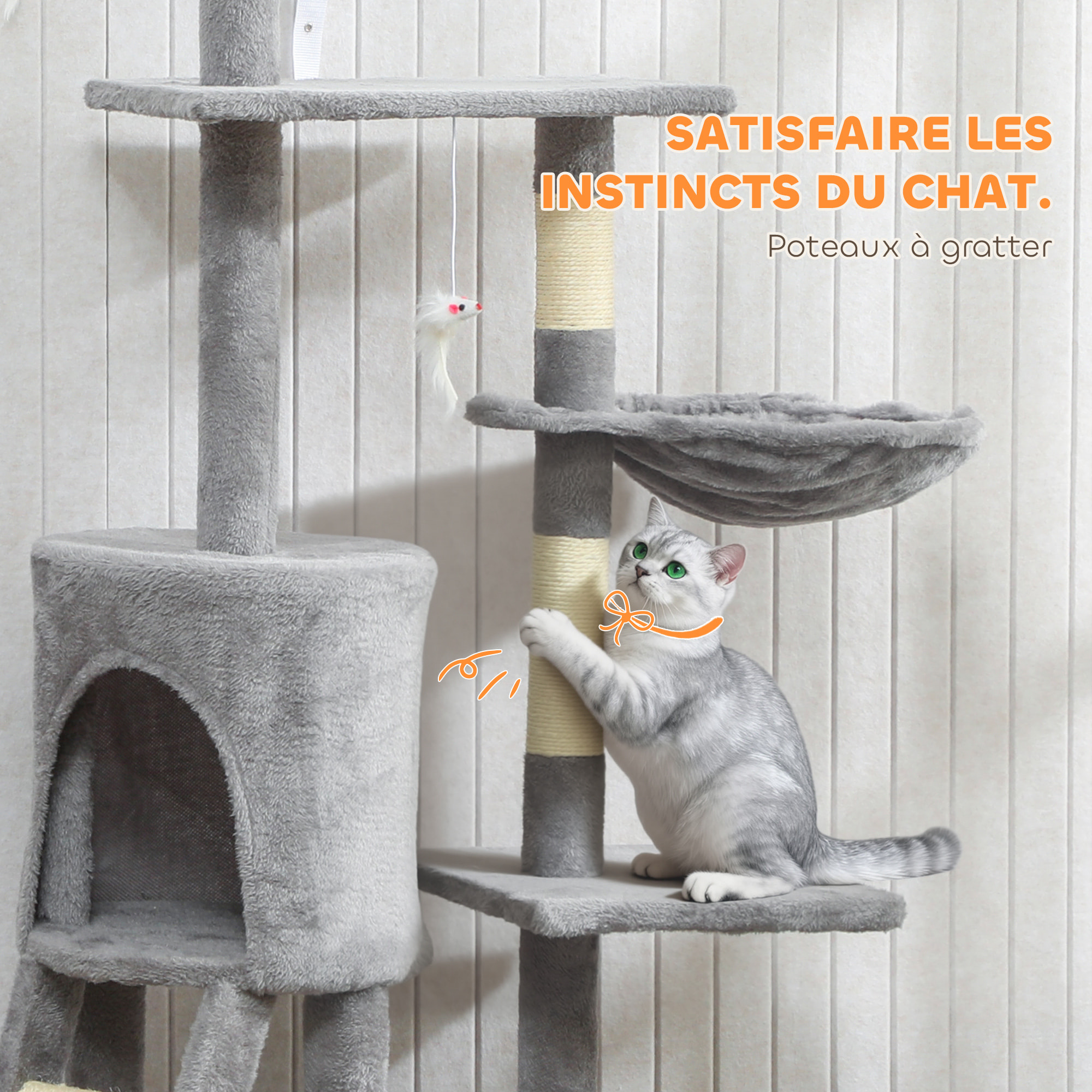 Arbre à chat multi-équipement griffoirs plateformes niche échelle hamac jouets gris