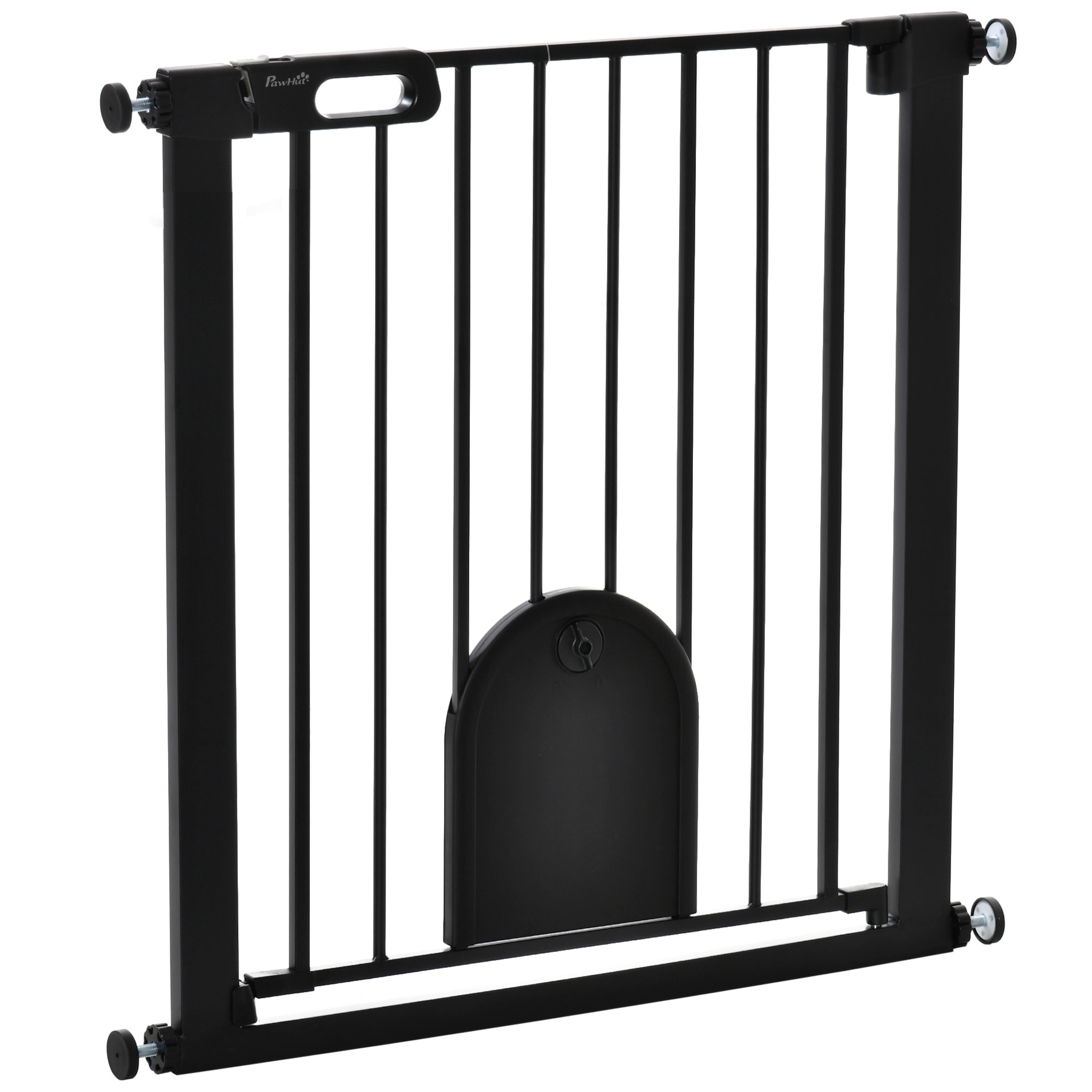 Barrière de sécurité animaux de 76H cm barrière chien chat avec porte fermeture automatique système de double verrouillage fixation par pressionde de 75 à 82 cm acier et ABS noir