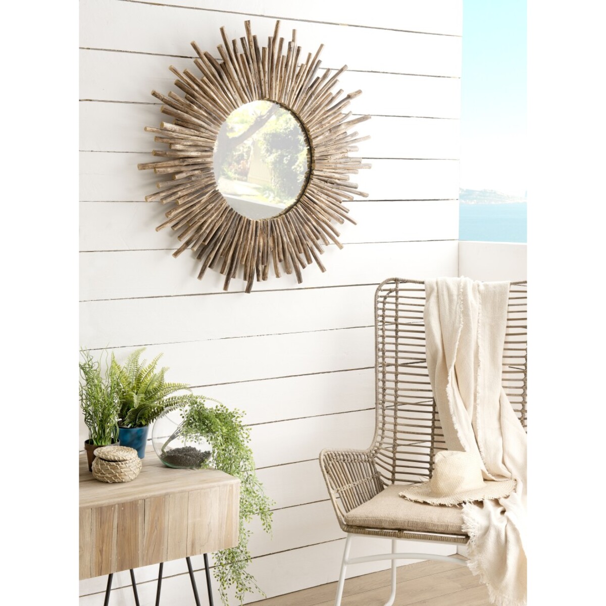 CLARA - Miroir rond marron 90x90cm soleil branches bois teck