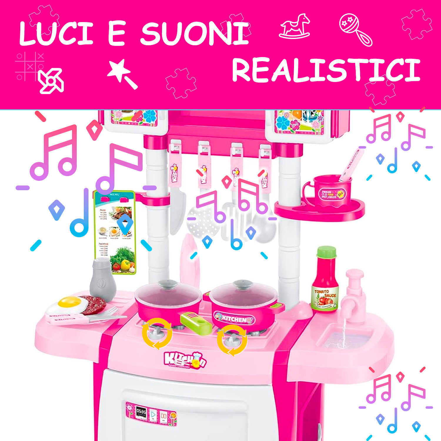 Cucina Giocattolo Per Bambini Con Luci E Suoni Realistici 18 Accessori Rubinetto Con Riciclo Dell'Acqua Set Cucina Educativo 3–8 Anni Rosa E Bianco