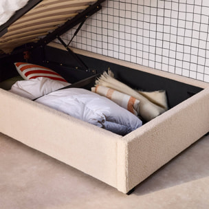 Lit coffre avec sommier à lattes et tête de lit. finition bouclette. nude. L 206 x P 104 x H 102cm