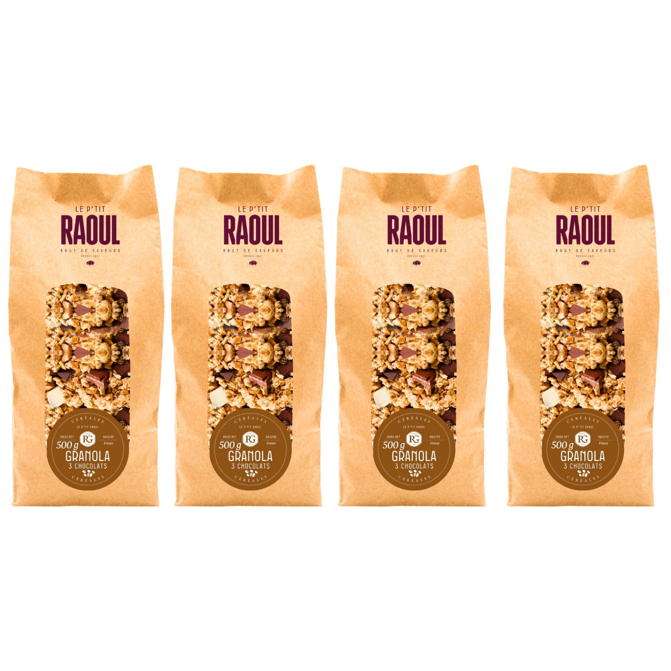 4 x Granola BIO au 3 Chocolats Noir, Lait & Blanc - 4x500g - France - Raoul Gey