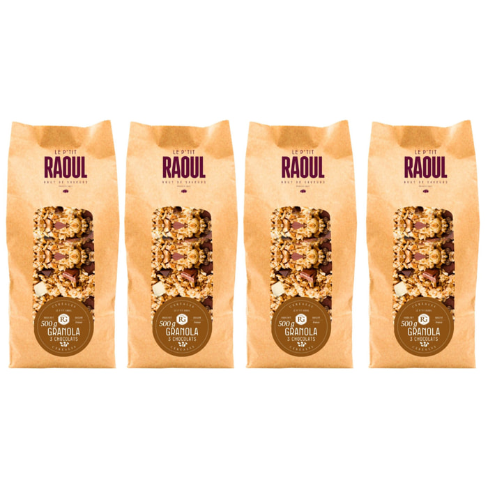 4 x Granola BIO au 3 Chocolats Noir, Lait & Blanc - 4x500g - France - Raoul Gey