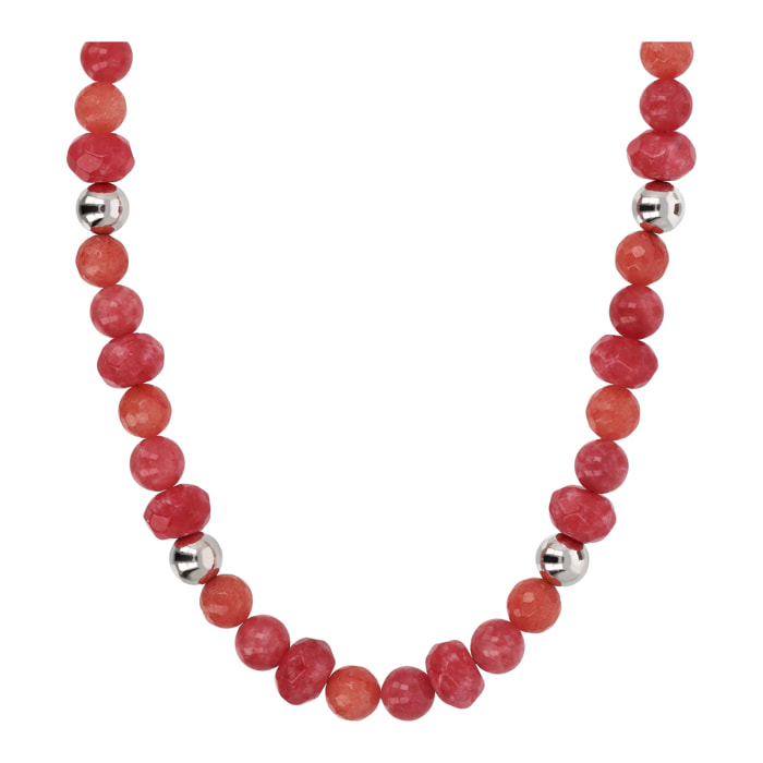 Collana Girocollo con Sfere Argentate e Rondelle in Quarzo Rosso Sfaccettato in Argento 925 placcato Rodio