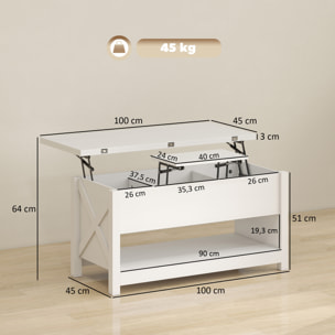 Mesa de Centro Elevable y Extensible, Mesa de Salón con Compartimentos Ocultos, Estante Abierto, para Comedor, Oficina, 100x90x64 cm, Blanco