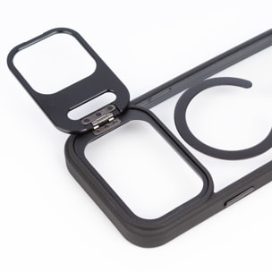 Custodia trasparente con copertura della fotocamera pieghevole che funge da supporto, bordi neri. MagSafe per iPhone 17 Pro.
