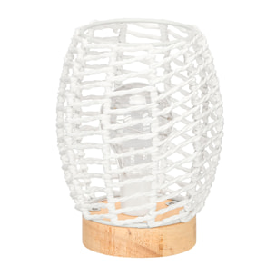 Lámpara de sobremesa ovalada de cuerda blanca con base de madera.
