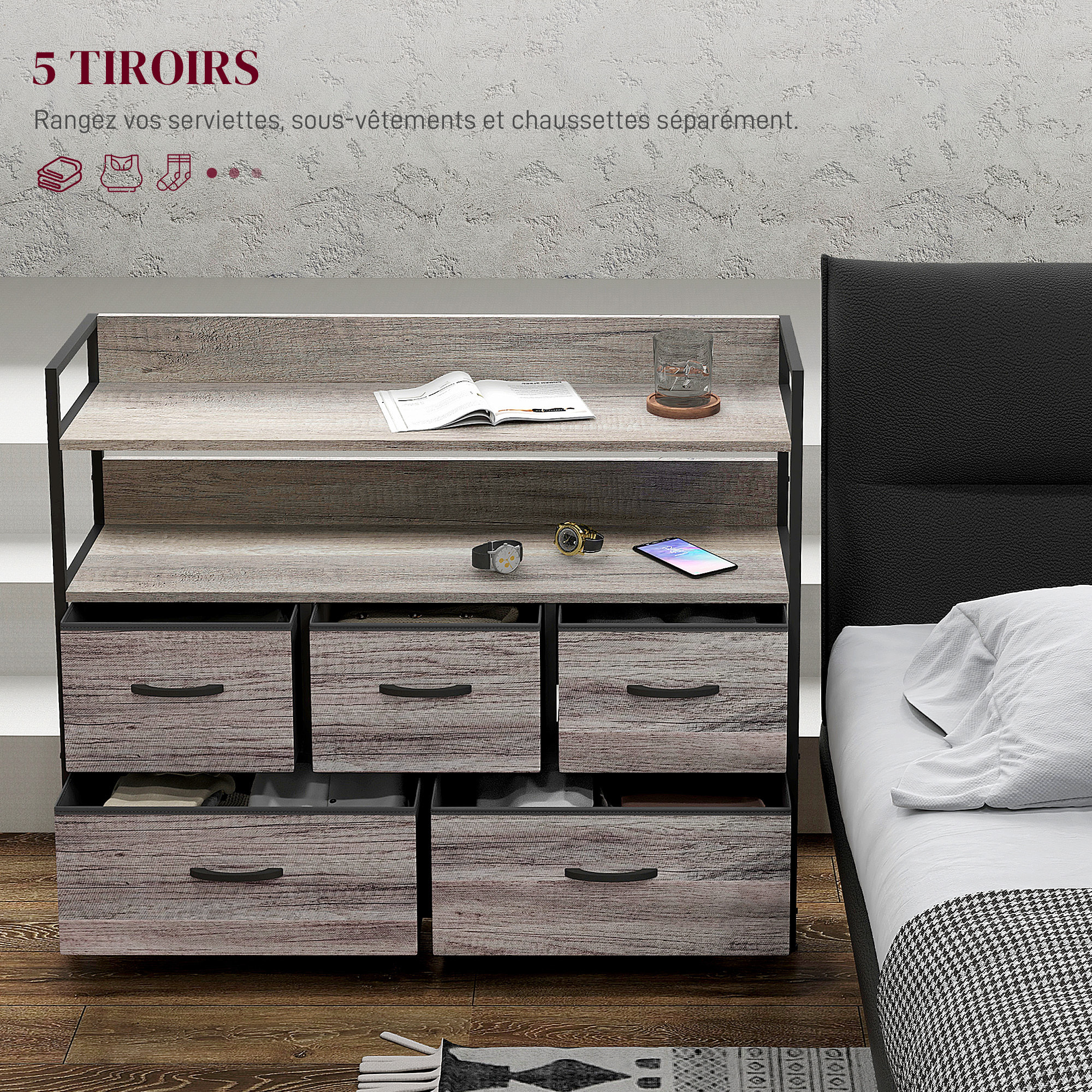Commode style industriel - 5 tiroirs, 2 étagères - acier noir MDF non tissé effet bois gris