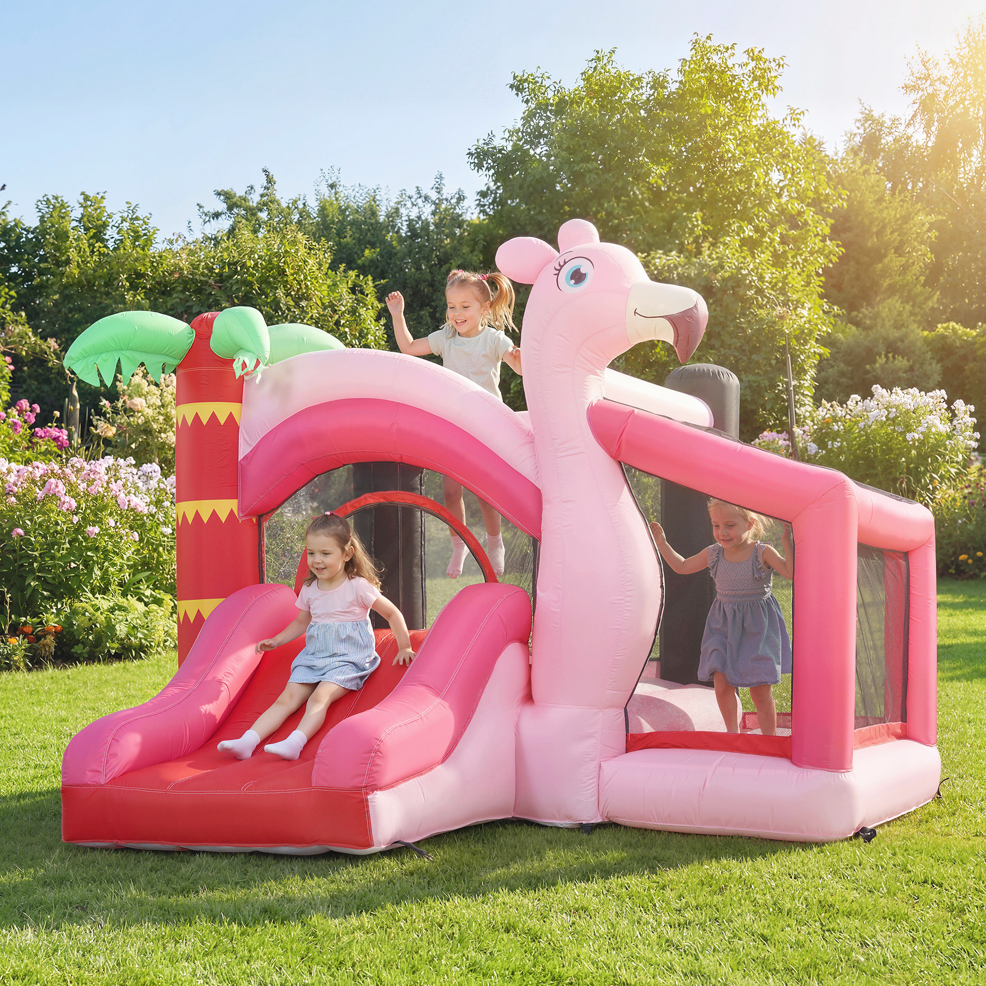 Castillo Hinchable para Niños con Soplador, Castillo Hinchable con Tobogán, Cama Elástica, Piscina de Pelotas, Canasta de Baloncesto, Diseño de Flamenco, Interior y Exterior, 255x230x196 cm