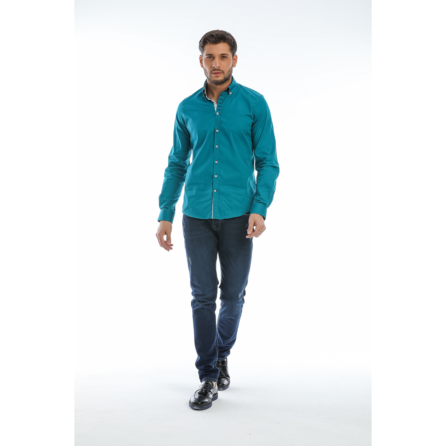 Camicia Uomo 1 Bottoni Button Down Slim Popeline Stretch Unito Verde Ottanio