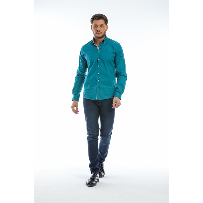 Camicia Uomo 1 Bottoni Button Down Slim Popeline Stretch Unito Verde Ottanio