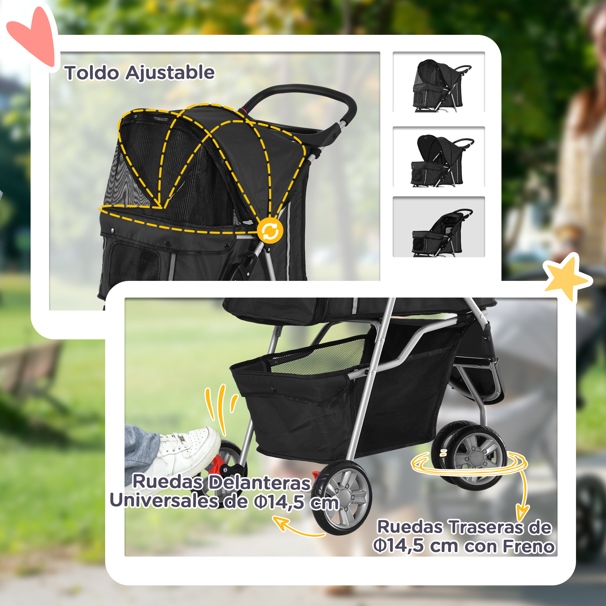 Carrito para Perros Plegable Cochecito para Mascotas Carrito para Perros Pequeños con Cesta de Almacenaje Ventanas de Malla y 2 Ruedas Universales 75x45x97 cm Negro