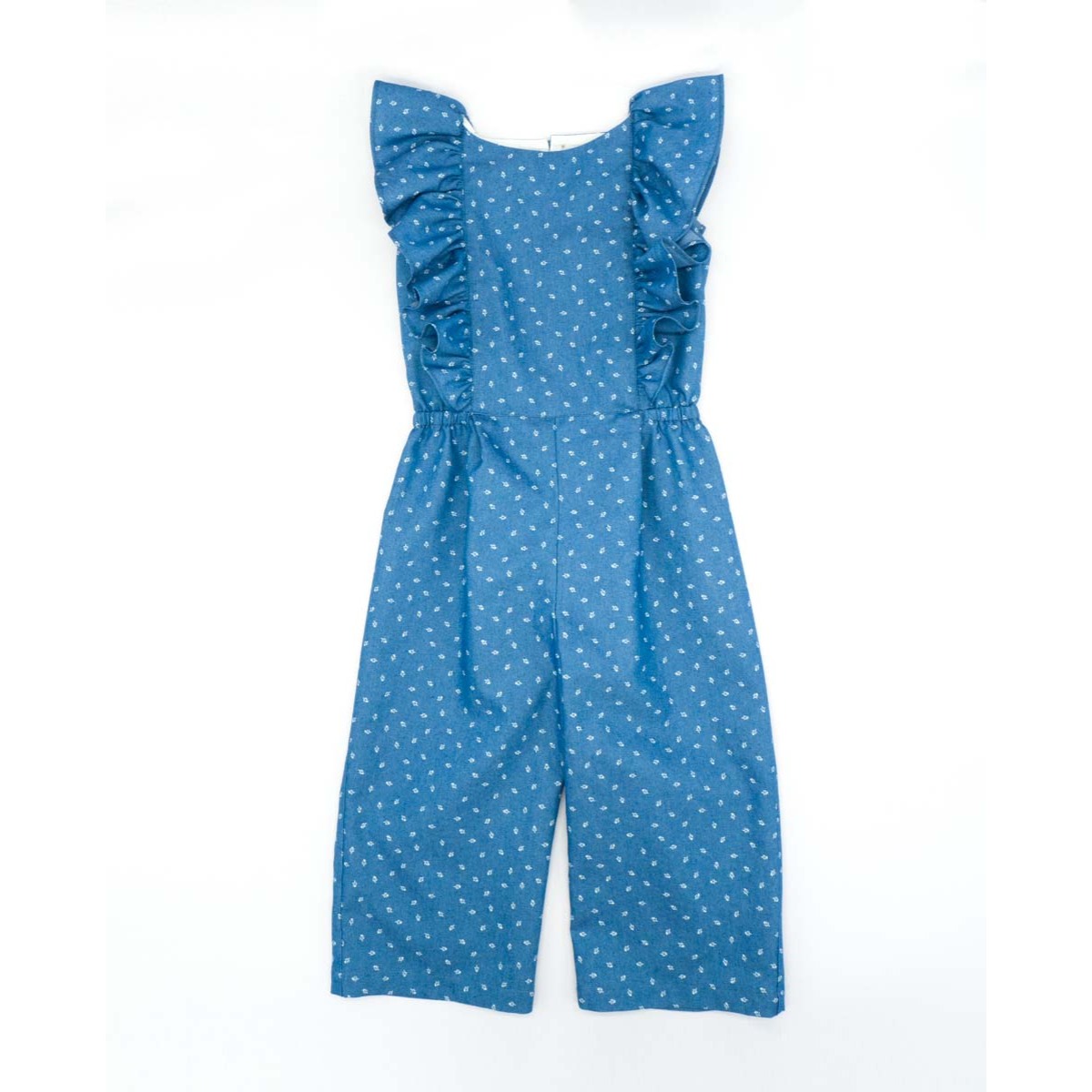 MONO CON VOLANTES DENIM Y FLORES BLANCAS