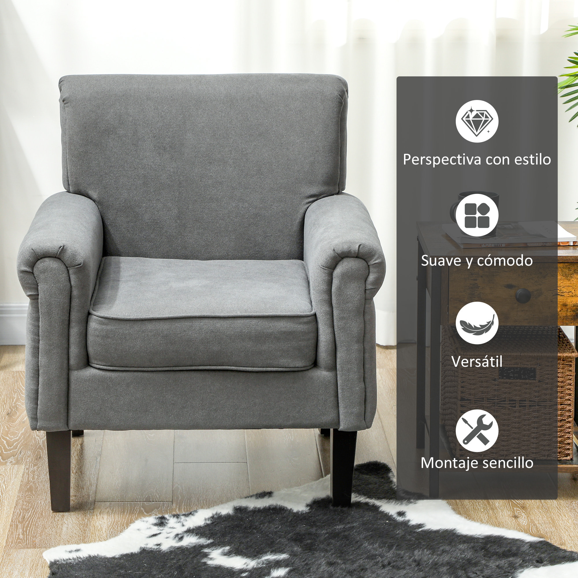 Butaca de Salón Tapizada en Tela, Sillón Relax con Reposabrazos, Asiento Extraíble y Lavable, Patas de Madera, para Dormitorio, Balcón, Estilo Moderno, Carga 150 kg, 79x72,5x88 cm, Gris Oscuro