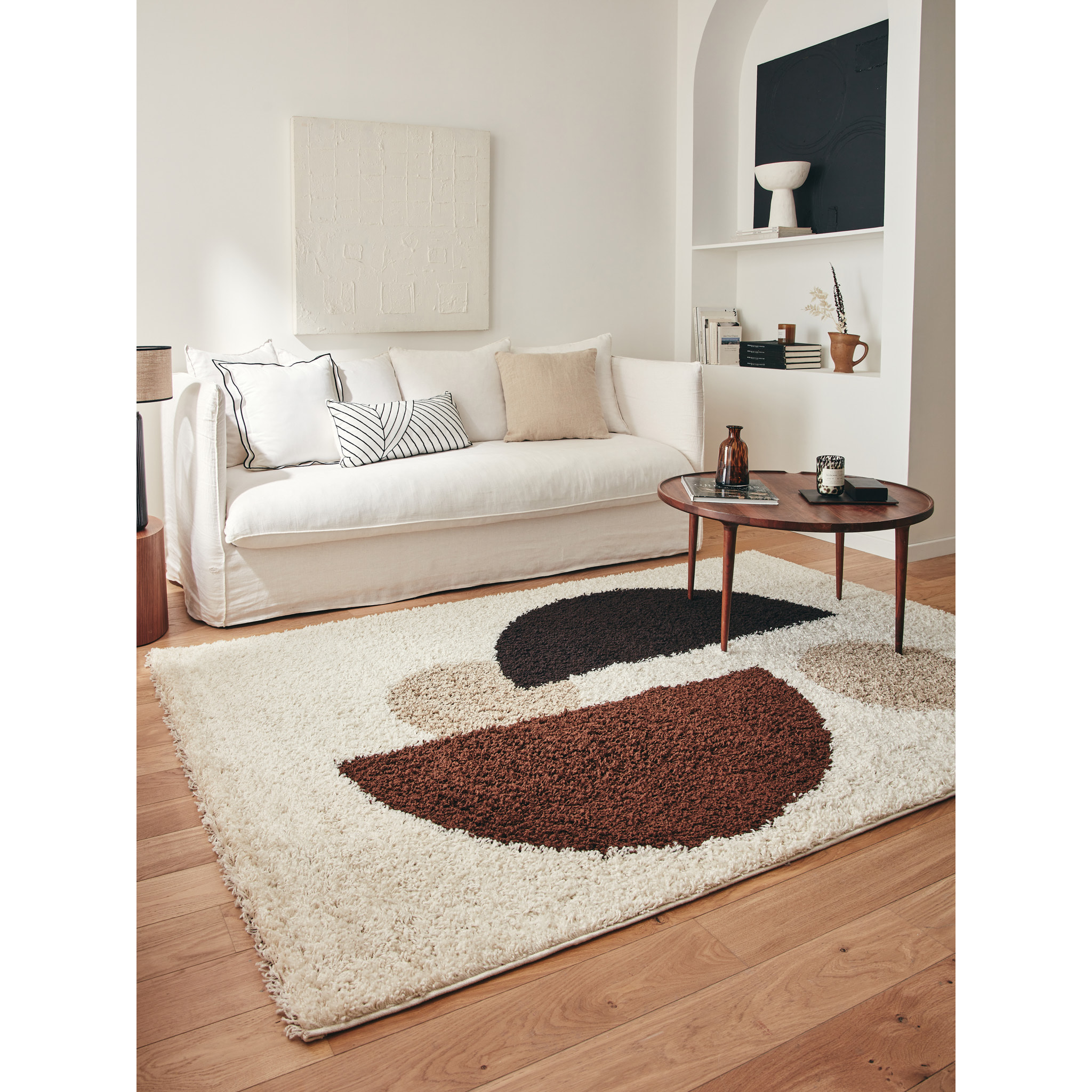 PALERME - Tapis shaggy à poils long à motif géométrique - Marron, Beige, Café et Crème