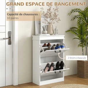 Meuble à chaussures 2 portes abattants 2 étagères poignées métal noir MDF blanc