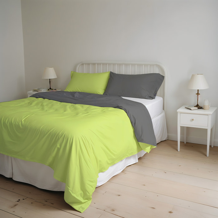 PARURE COPRIPIUMINO NATURAL COLOR, 100% Cotone, Made in Italy - VERDE ACIDO/FUMO